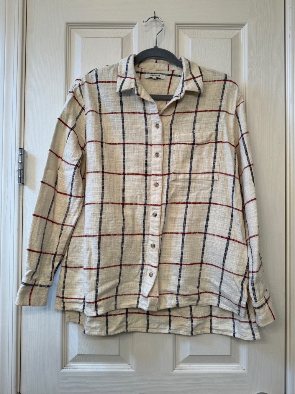 Madewell | Cream Button-Down Shirt with Black & Red Plaid | Women’s M